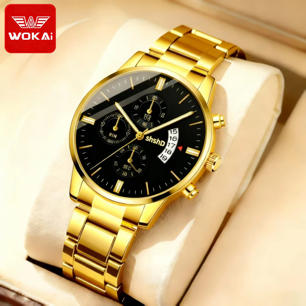 

WOKAI high-quality men's luxury business calendar quartz watch, simple bar watch, steel band sports clock