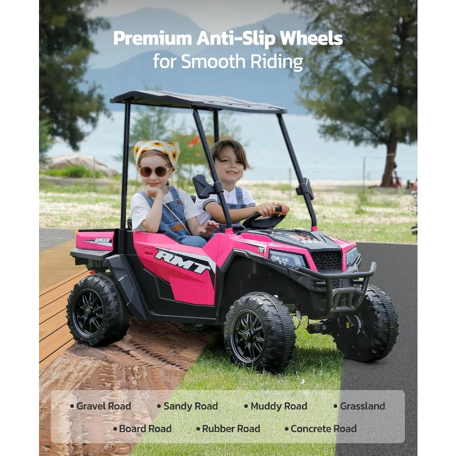 รถยนต์ของเล่นเด็กขนาดใหญ่ 24V, รถยนต์เด็กนั่งได้ 2 ที่นั่ง พร้อมหลังคาบังแดด, กระบะท้ายแบบยกได้และพลั่ว, ความเร็ว 4.5 ไมล์ต่อชั่วโมง, รถยนต์ไฟฟ้าขับเคลื่อน 4 ล้อสำหรับเด็ก, รถยนต์แบตเตอรี่พร้อมรีโมท