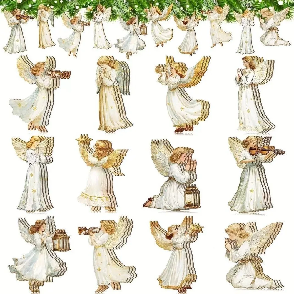 12-teiliges neues handgefertigtes Victoria-Engel-Ornament-Set, 2D-flacher Weihnachtsbaum-Anhänger aus Holz, traditionelles Design, DIY-Weihnachtsdekorationen – Detail 6
