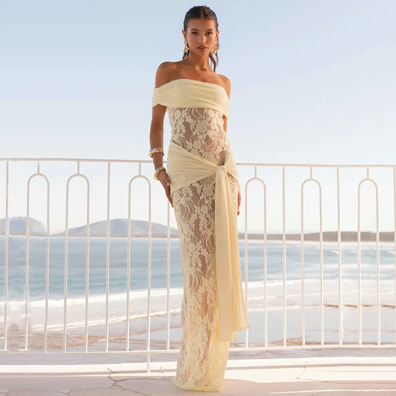 Sukienka maxi z koronką, sznurowana, z siateczki, patchworkowa, damska, elegancka, seksowna, z dekoltem typu slash neck, odkryte ramiona, bez pleców, obcisła, na imprezę klubową, długa szata.