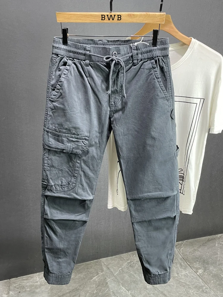 

Модные американские повседневные брюки, мужские летние тонкие рабочие брюки, длинные брюки с талией, облегающие брюки с манжетами, молодежные энергетические брюки