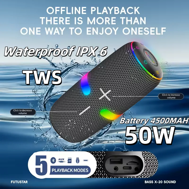 

50W High-power Boombox Portable Subwoofer MP3 Player Powerful Pillar Audio Center Supports TWS Caixa De Som Bluetooth Speaker