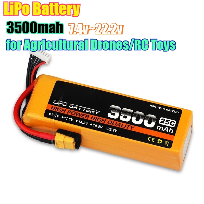 3500mAh 2S-6S 25C High-Rate LiPo Battery - XT60 Plug for Agricultural Drones/RC Toys 7.4V-22.2V Explosion-Proof Soft Pack