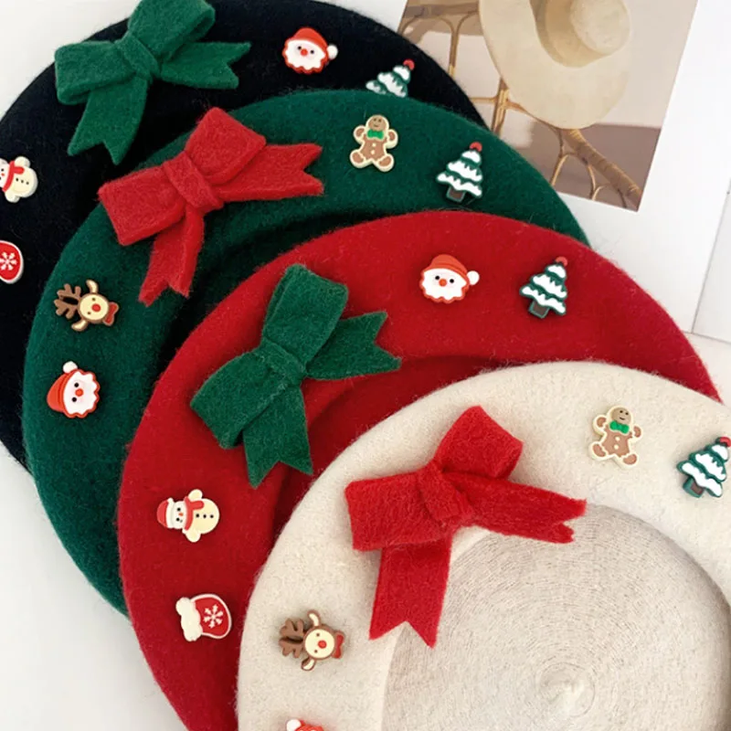 Świąteczny Beret dla Kobiet Wełniana Ciepła Czapka Malarza Moda Święty Mikołaj Drzewo Czapki Zimowe Grube Wiatroodporne Newsboy Hat Xmas Gift