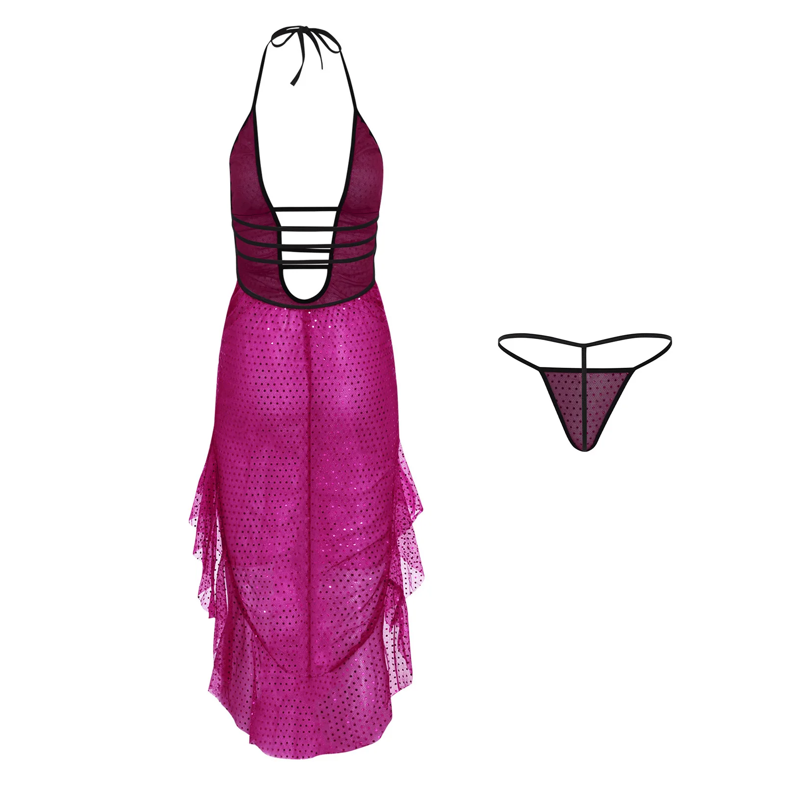 Womens Shiny Sequin Bodycon Dress with T-back Lace-up Halter Backless Plunge V Neck Ruffled High-low Hem Sheer Dress Clubwear