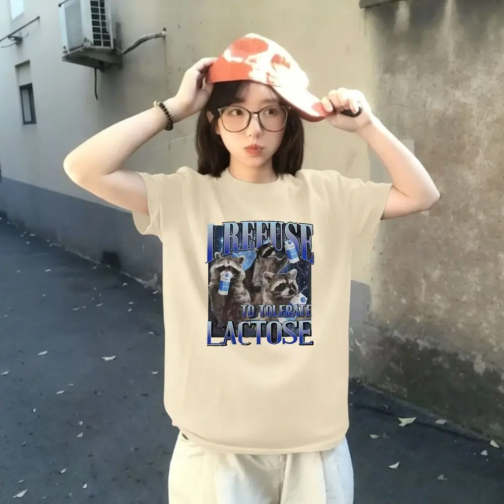 Funny Raccoon Meme Graphic T-Shirt Women Summer Short Sleeve I Refuse To Tolerate Lactose Print Vintage Tops Female Fashion Tees