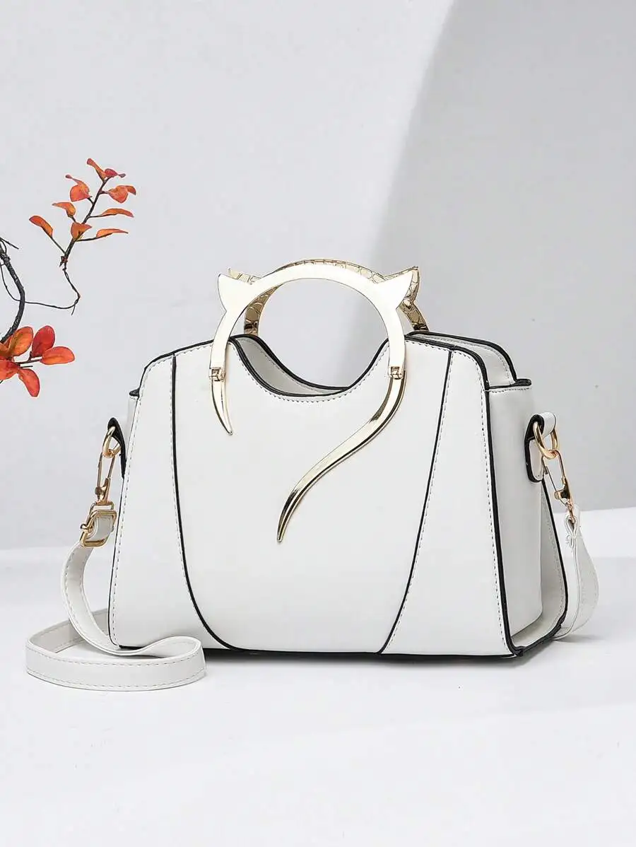 

White Structured Top-Handle Bag with Cat-Ear Metal Handle, Minimalist Design
