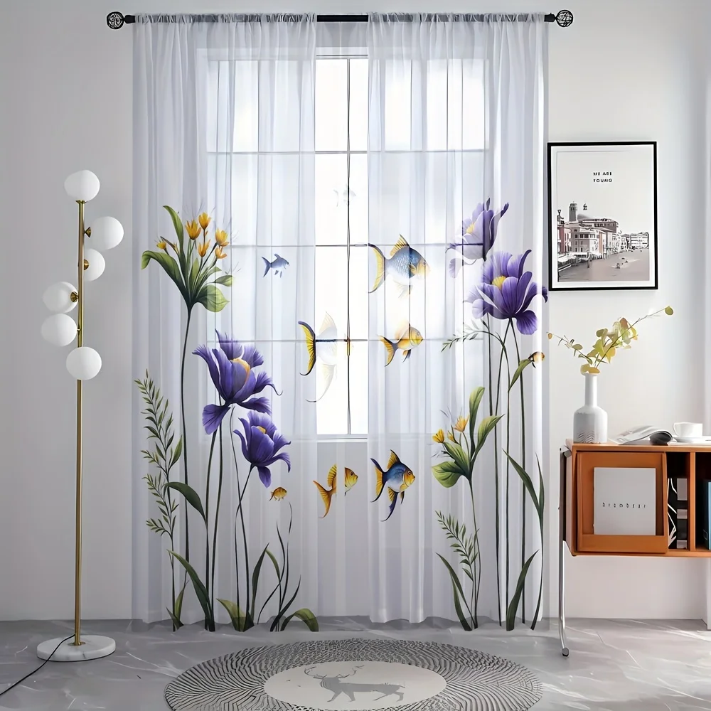 Glam Style Semi-Sheer Curtain 2Panels Rod Pocket Hanging Twill Weave Polyester Curtains for Bedroom Kitchen Floor Window Blinds