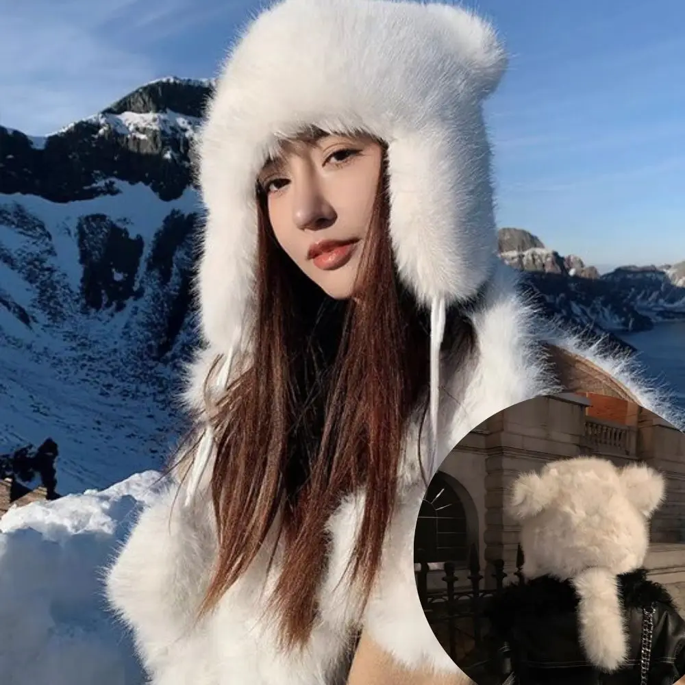 Winter Super Cute Little Bear Hat Thicken Ear Protection Fluffy Faux Fur Bucket Hats Cold Snowy Day Warmer Cap Black White Caps