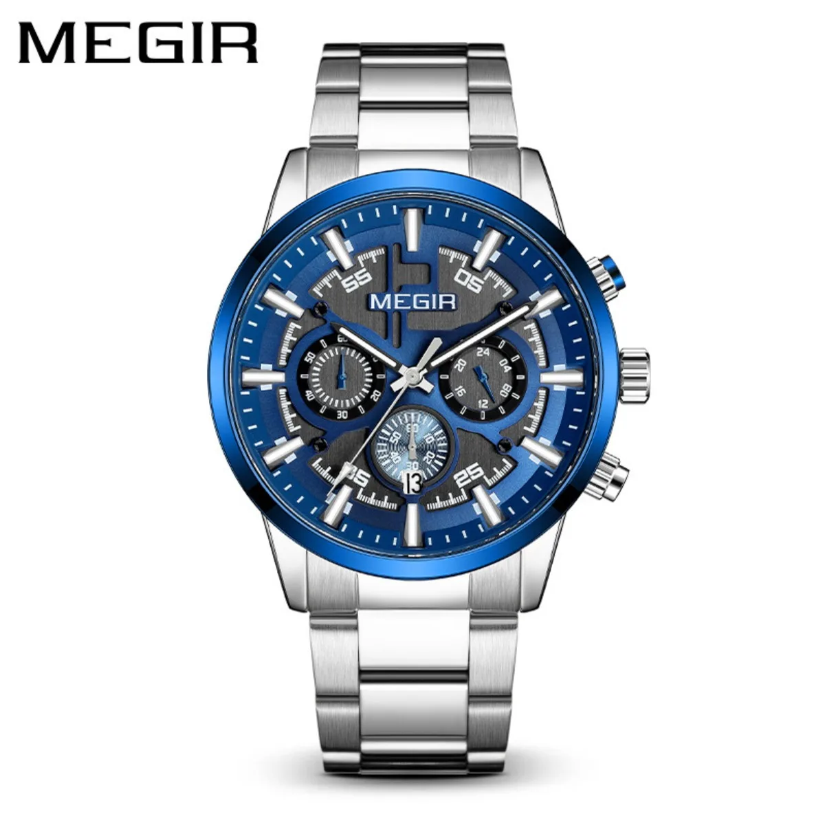 

MEGIR Silver Blue Stainless Steel Quartz Watch Men Fashion Chronograph Analog Dress Wristwatch with Date Luminous Hands 2220