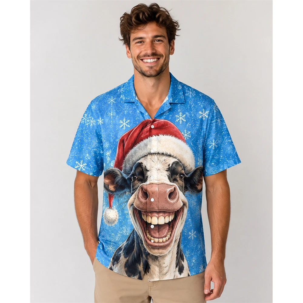 2026 Men's Short Sleeve Shirt Christmas Pig With Santa Hat Scarf Snowflake Print Holiday Casual Top Mens Clothing Gift For Men