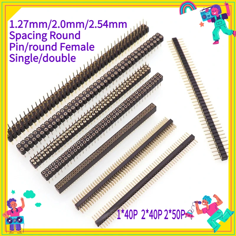 1PCS Gold-Plated round Pin Plug 1.27mm/2.0mm/2.54mm Spacing Single/Dual Row 1x40/1x50P Hole Female Connector