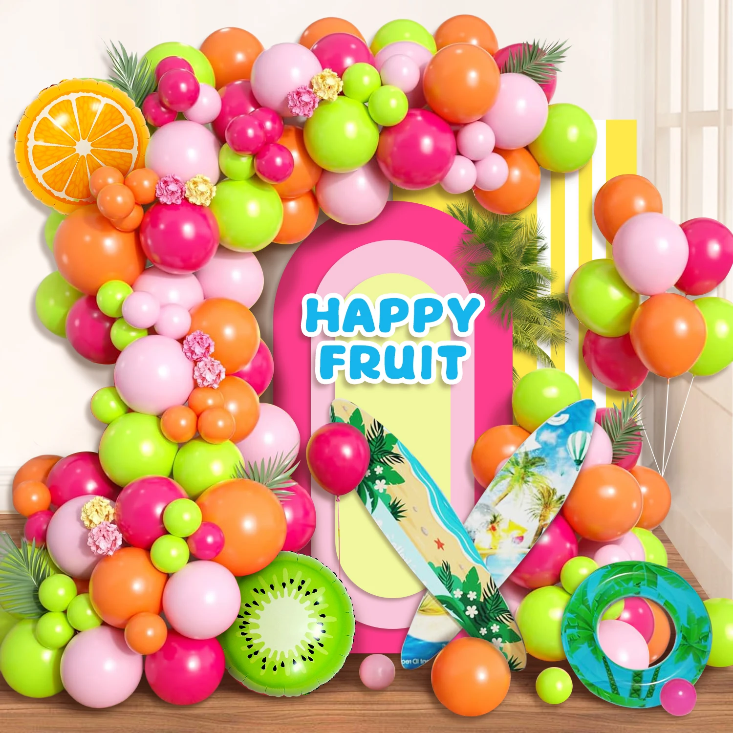 104-teiliges Ballonbogen-Set mit tropischem Thema, rosa orange-grüner Ballon, mit orangefarbenem Kiwi-Aluminiumfolienballon, Ballongirlande im hawaiianischen Stil, geeignet für hawaiianische