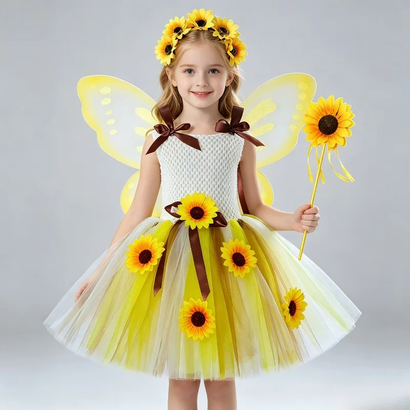Angel Elf Sunflower Themed Mesh Tutu Dress Sweet Fluffy Layered Skirt Girls Princess Outfit with Wings for Carnival Performance