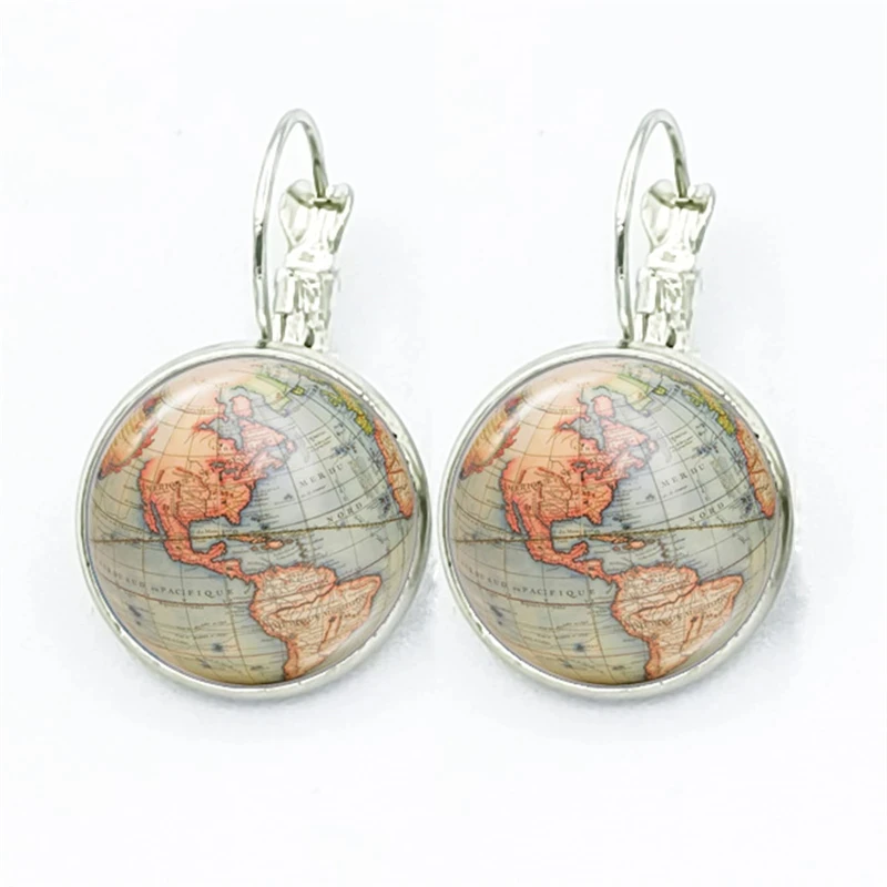 Boucles d'oreilles carte du monde Steampunk pour femmes, globe débar, planète, photo d'art, bijoux de voyage féminins faits à la main, gemme en verre, nouvelle mode