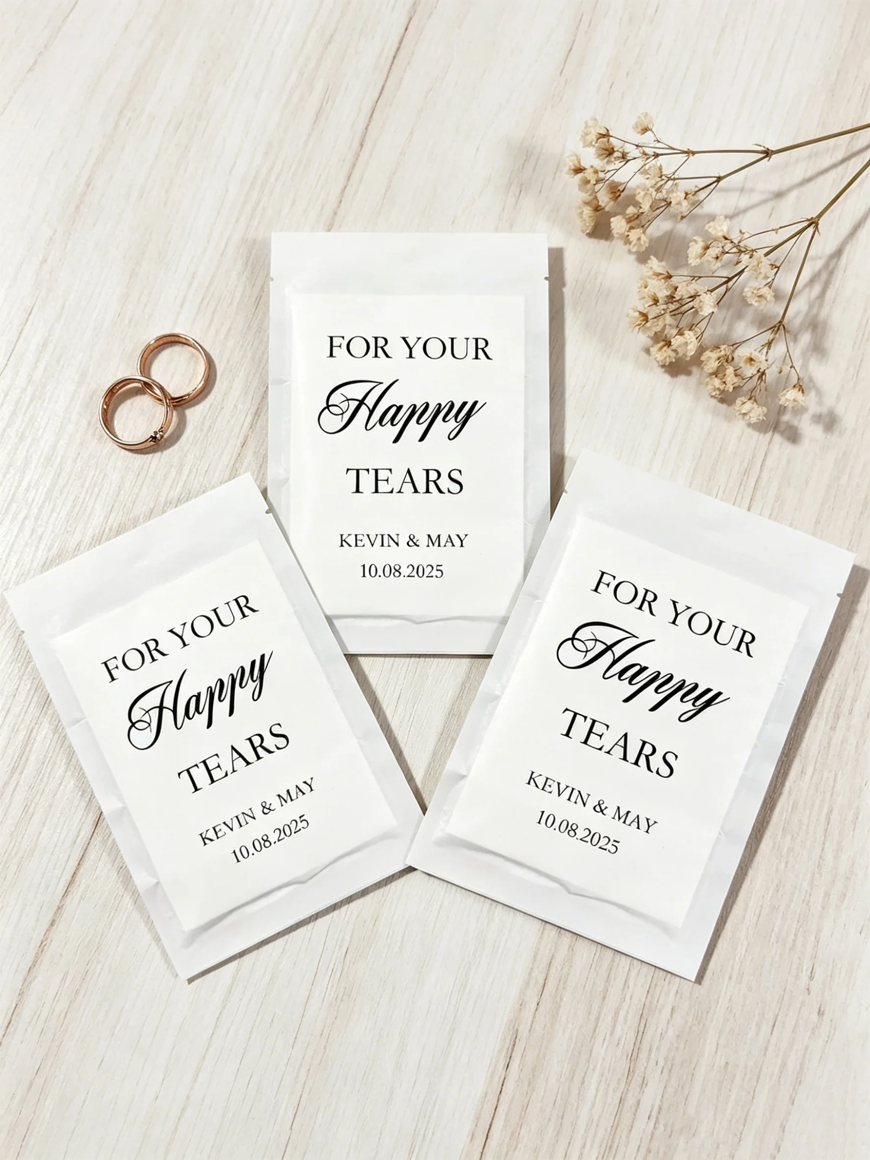 

Custom Happy Tears Tissue Packets for Weddings - Personalized Wedding Guest Favour, Glassine Vellum Bags