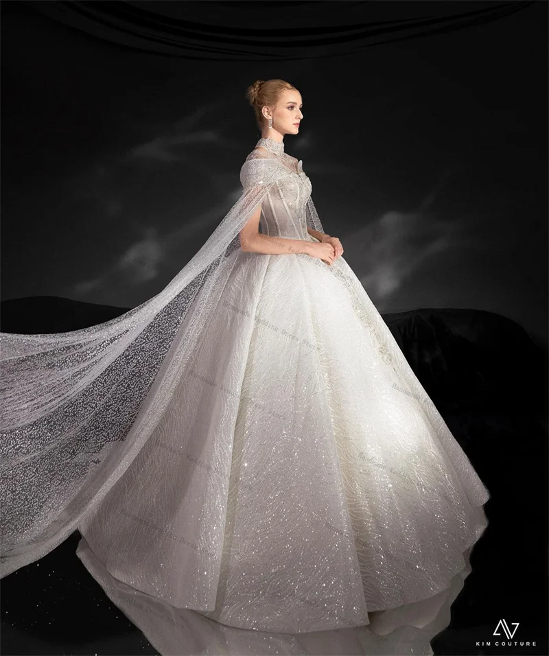 Luxury Wrap Wedding Dress Shiny Sequins Sexy Short Sleeves Tulle A Line Bridal Gown Customized Lace Up Back Long Church Robe