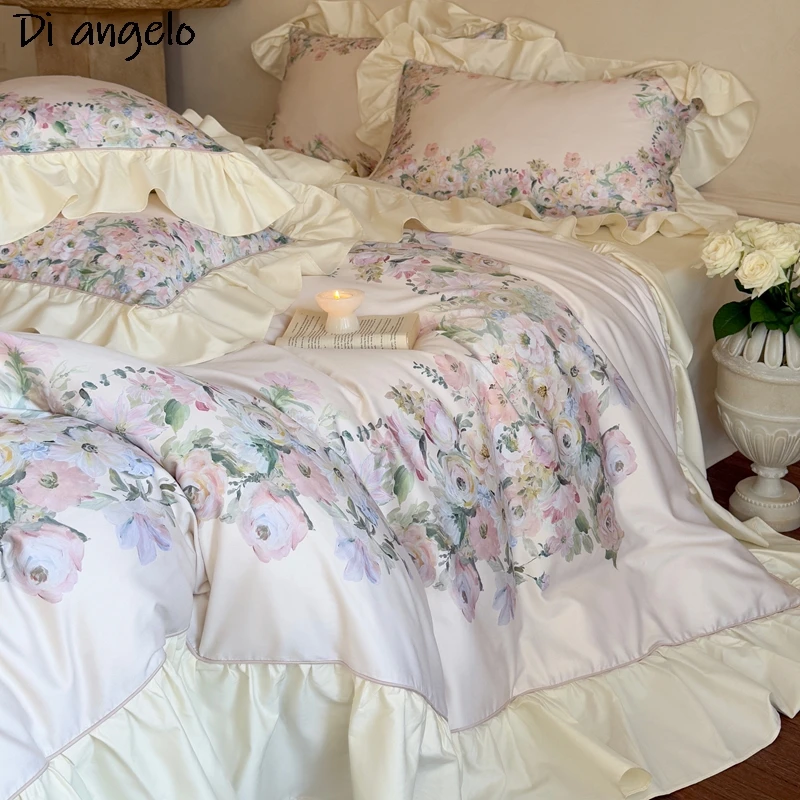 Luxury 600TC Egyptian Cotton Rose Bedding Set Pink Flower Embroidery RU Europe Queen King Duvet Cover Bed Sheet Flat Sheet #/L