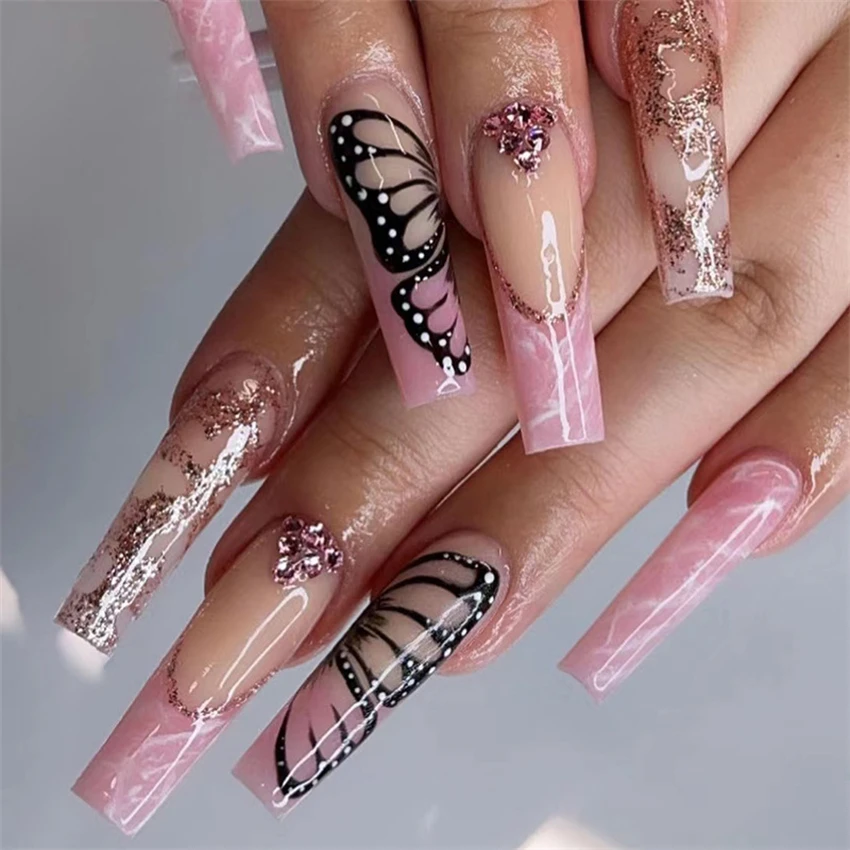 24 teile/los extra lange Ballett gefälschte Nägel Schmetterling mit Diamanten rosa volle Abdeckung Acryl drücken auf Nagels pitzen tragen gefälschte