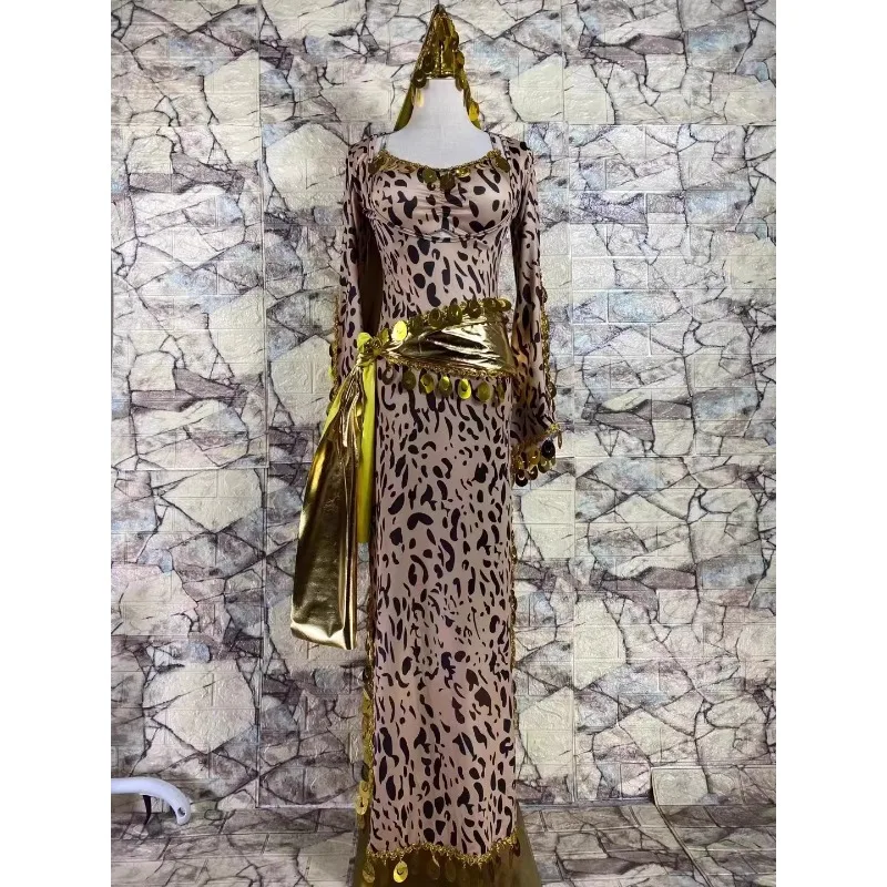 Customized Belly Dance Costumes Leopard Pattern Slimming Robe Headscarf Shining Belt Oriental Dance Baladi Saidi Robe Dress