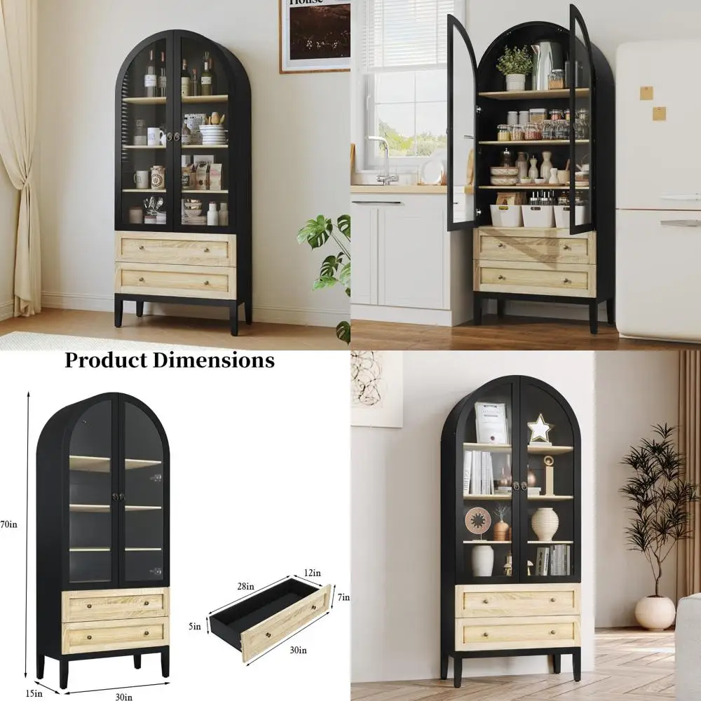 Modern Farmhouse Style Black Kitchen Storage Cabinet with Glass Doors, Featuring an Arched Design and Two Drawers for Versatile