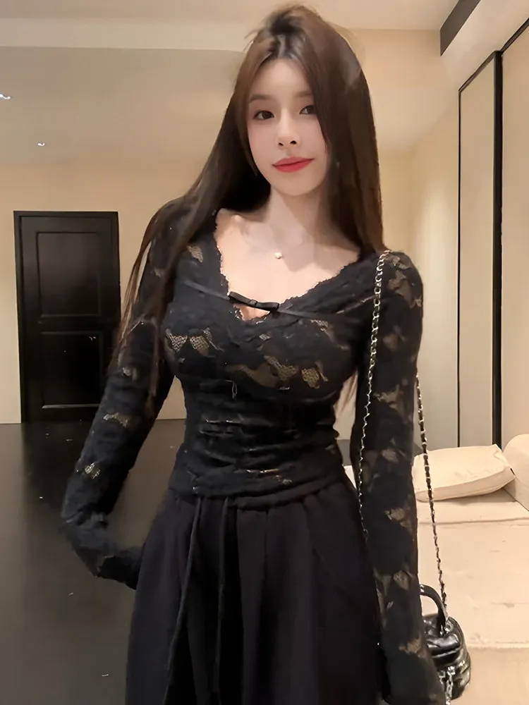 

Сексуальный кружевной топ с вырезами и узлом, облегающий, для женщин, весна-осень, с V-образным вырезом, средней длины