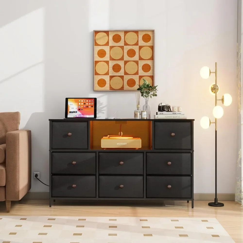 Dresser with Power Outlets and LED Lights,  Dresser TV Stand with 8 Drawers, Fabric Chest of Drawers