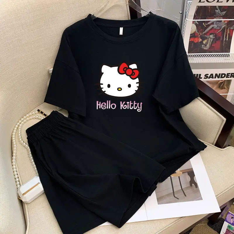 Hello Kitty Anime Cartoon Cute Colorful Pajama Lady Cute Summer Ice Silk Short Sleeve Shorts Comfortable Women Home Wear Set