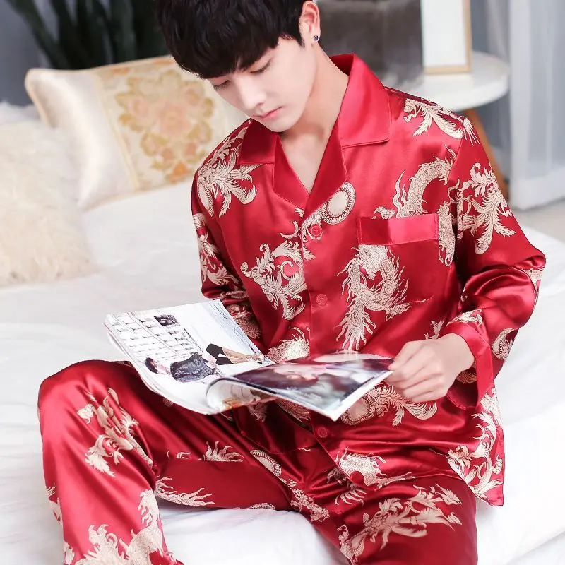 New Spring Autumn Men Pajamas Ice Silk Long Sleeve Nightdress Plus Size Thin Sleepwear Lapel Print Pyjamas Set Casual Home Wear