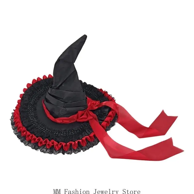 Portable Ruffled Lace Witch Cap Lightweight Travel Friendly Foldable Hat Costume Accessory For Women D0UB