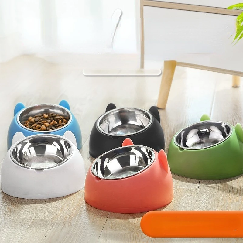 

Cat Dog Bowl 15 Degrees Raised Stainless Steel Non Slip Puppy Base Cat Food Drinking Water Feeder Tilt Safeguard Neck Pet Bowl