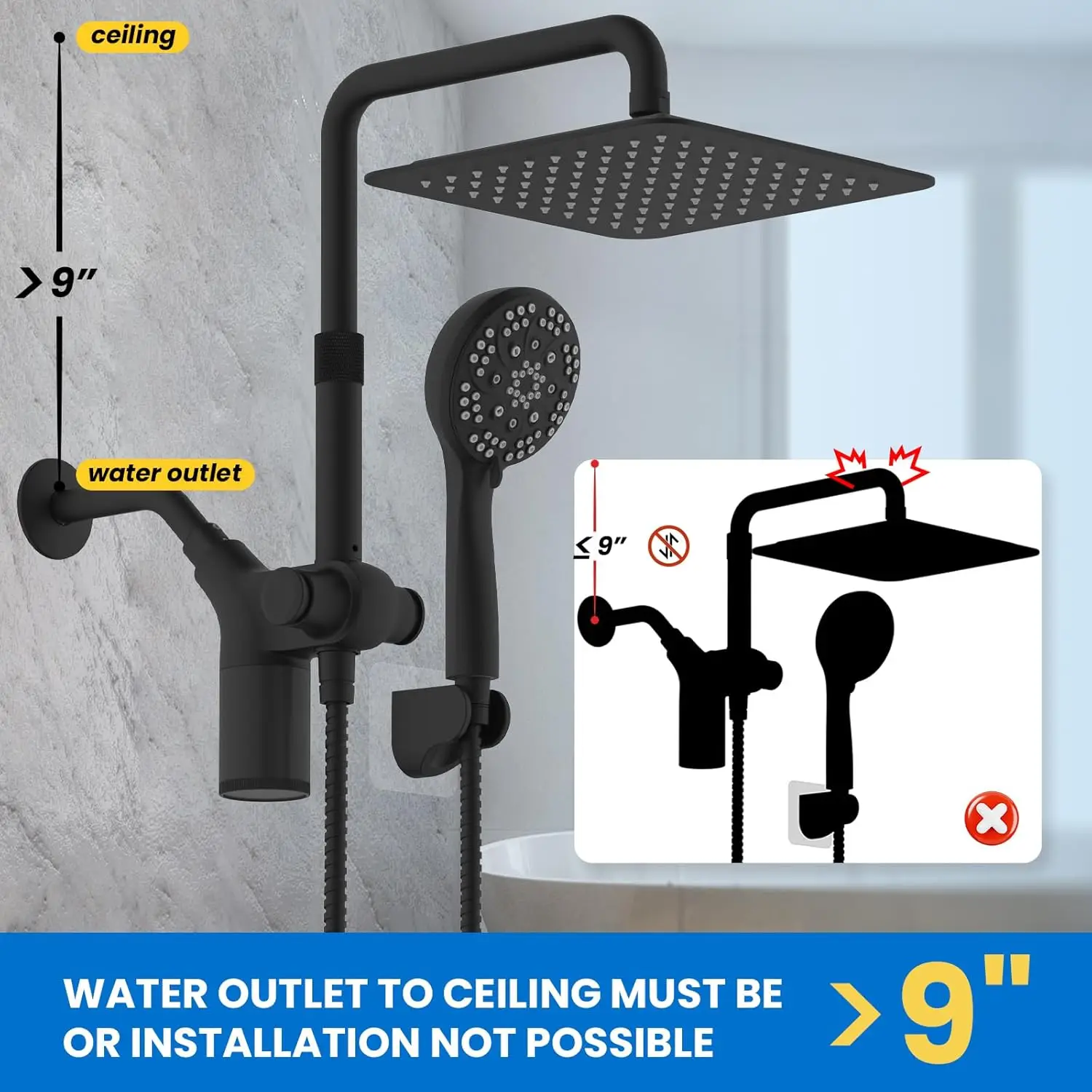 Upgraded Dual Shower Heads Combo with Filter, 10 Inch Rain and Handheld, High Pressure Adjustable Black