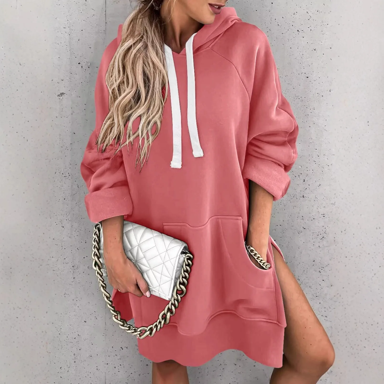 

Fashion Hooded Lace-up Long Sweatshirt Women Solid Color Autumn Casual Loose Pocket Top For Women 2025