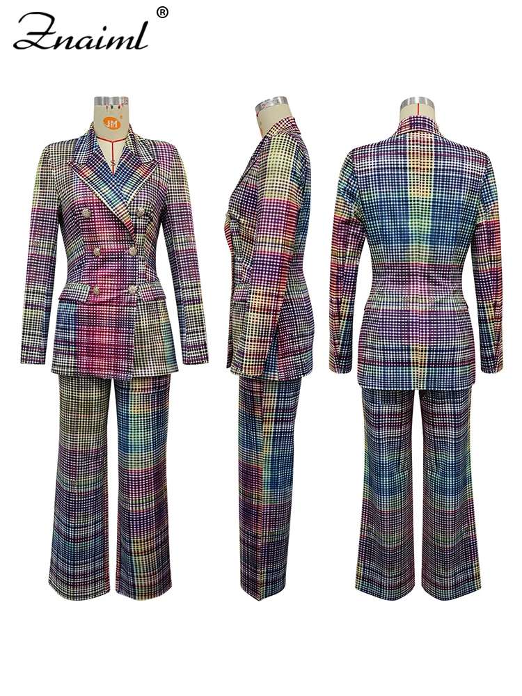 Znaiml Chic منقوشة مطبوعة ضئيلة المرأة السترة البدلة التلبيب سترة بأكمام طويلة وسراويل مستقيمة عالية الخصر 2 قطعة مجموعة مكتب #5