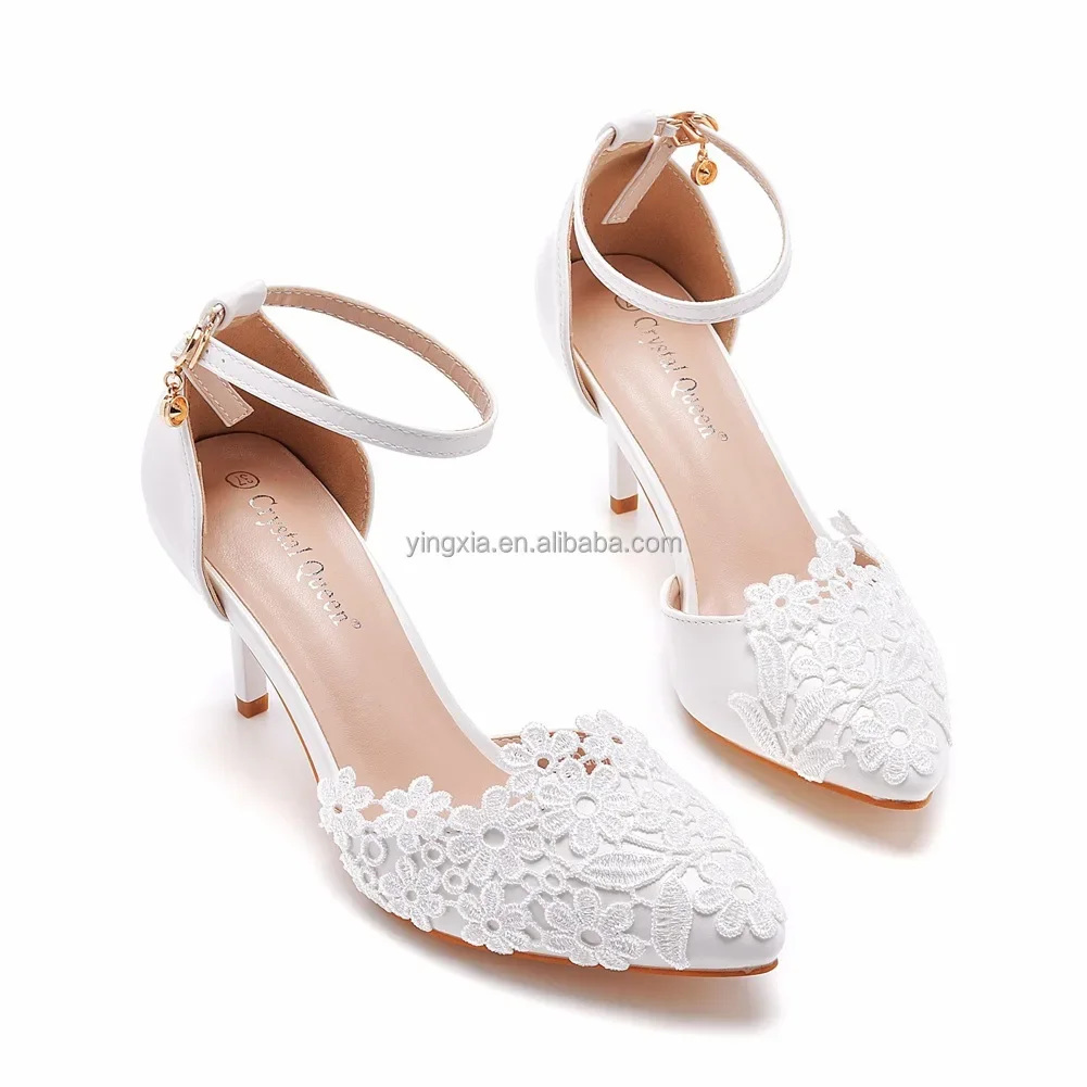 White Lace Flower Bridal Wedding Sandals 7/9cm Heel Plus Size Women's Bride Hollow Thin Pointed Shooters Wristband All Seasons