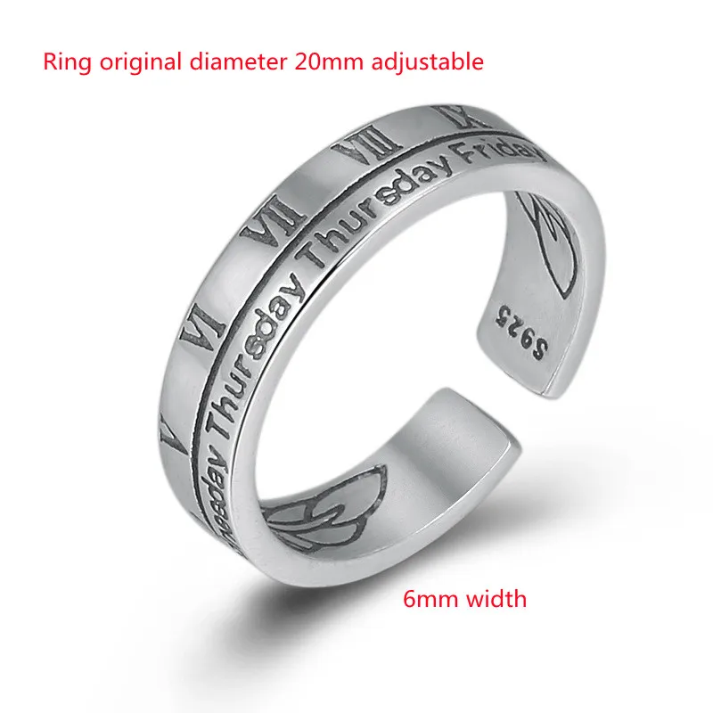 Buyee 925 Sterling Silver Simple Ring Finger Roman & Week Number Open Ring for Man Woman Man Fashion Fine Jewelry Circle