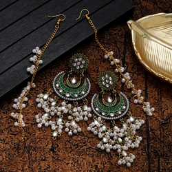 Bohemia Green Long Earrings for Women Geometric Multilayer Pearl Tassel Earrings Ethnic Crescent Crystal Flower Jewelry Gift