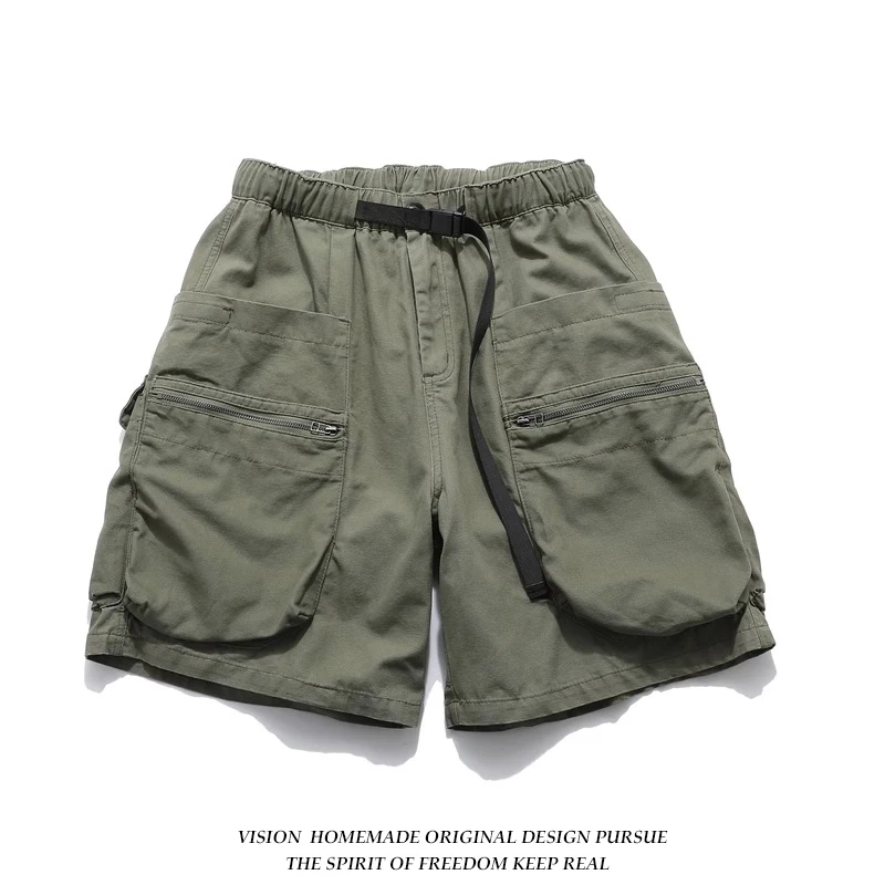 

Ретро-шорты в японском стиле с эффектом потертости, на молнии, рабочие, мужские, свободные, прямые, повседневные, с большими карманами, укороченные, для прогулок