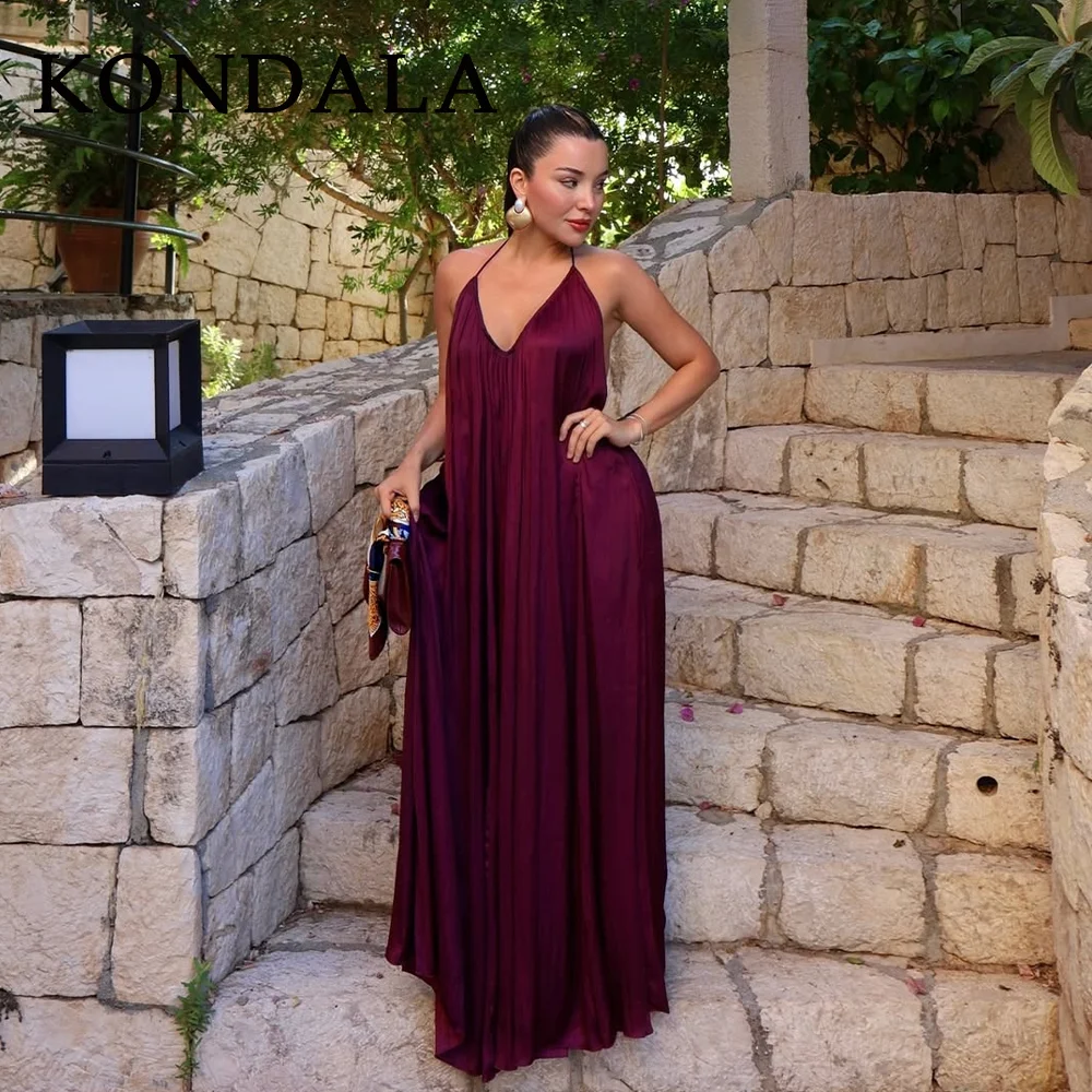 ชุดเดรสผ้าซาตินสไตล์สตรีทแวร์สำหรับผู้หญิง คอลเลคชั่นฤดูใบไม้ผลิ/ฤดูร้อน ปี 2025 แบรนด์ KONDALA แฟชั่นลำลอง สีพื้น โชว์หลัง คอทรงโอ แขนกุด ทรงหลวม
