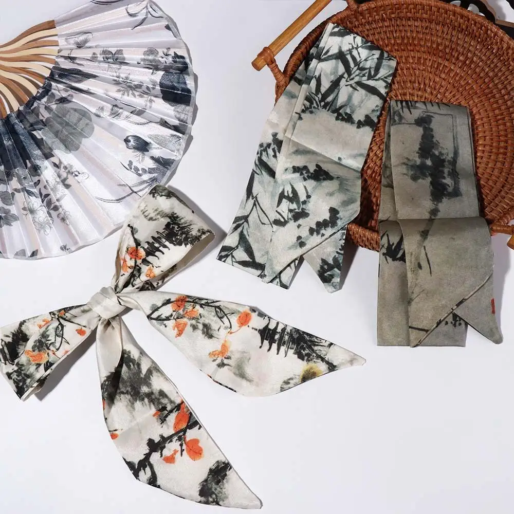 Retro Long Ink Painting Silk Scarf Ribbon Minimalist Style Long Silk Scarf Headdress Printed Scarf Ribbon Headband Lady