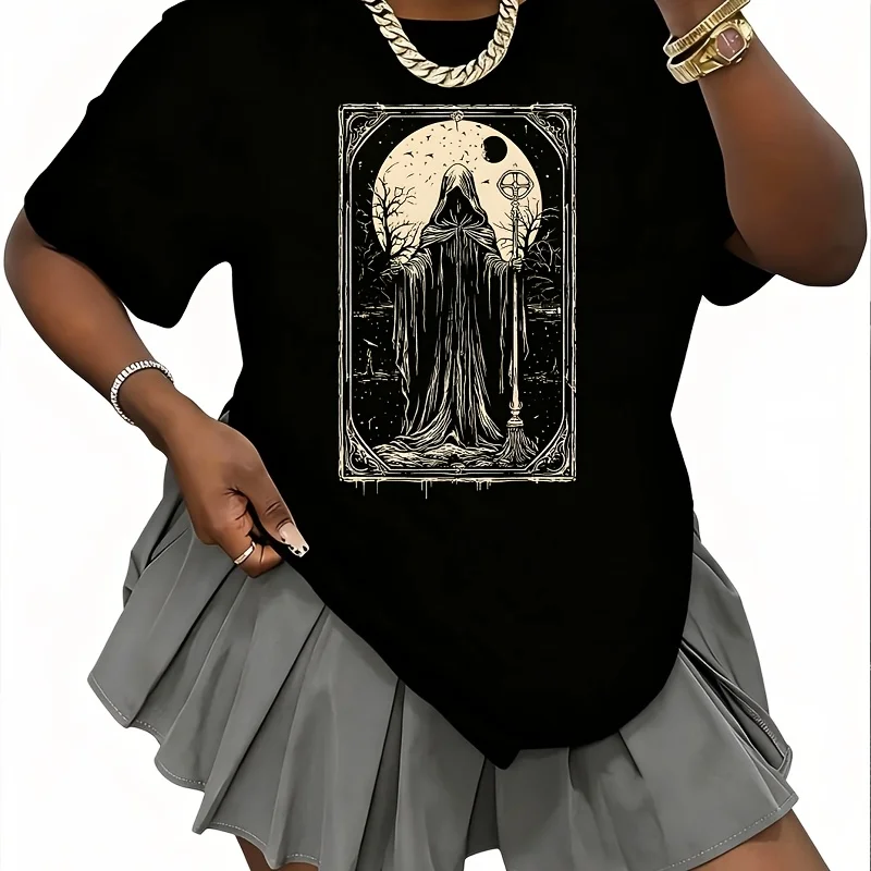 Disfraz de Halloween con motivos de la carta de la Muerte del tarot, para mujer, 100 % algodón, camiseta con estampado divertido, manga corta, cuello redondo, estilo casual, tallas S-5XL.
