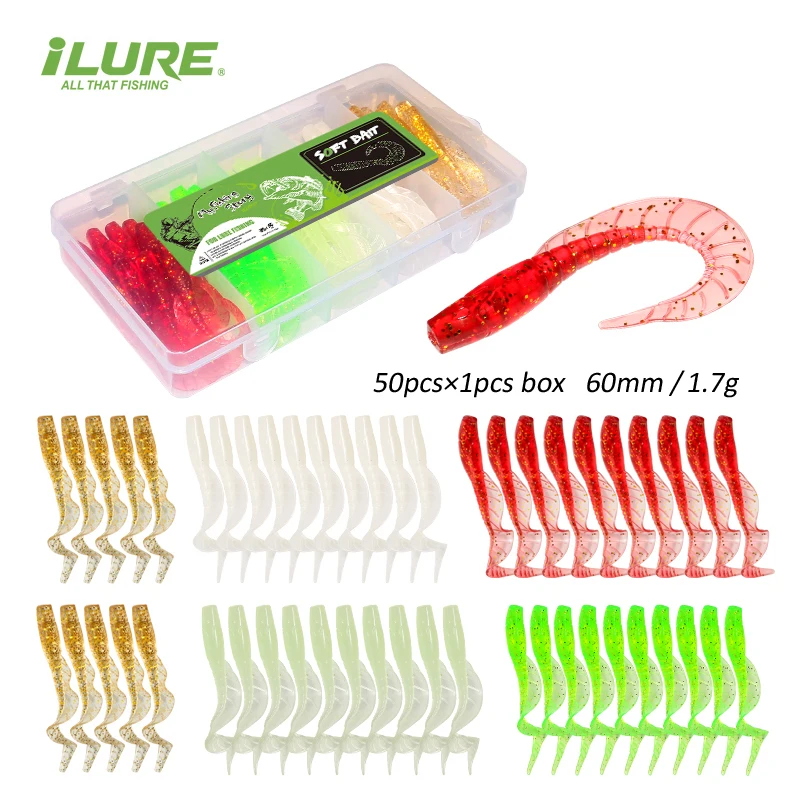 

50pcs Soft Fishing Lures Silicone Lure Set Artificial Bait Worm 6cm1.7g Bass Trout Shad Wobbler Fishing lure Sea Worm Swimbait