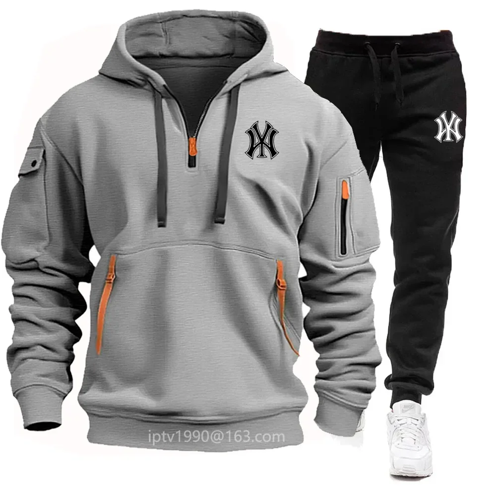 Men's Multi-pocket Zipper Hoodie and Sports Pants New Spring and Autumn 2-piece Casual Fitness Sportswear