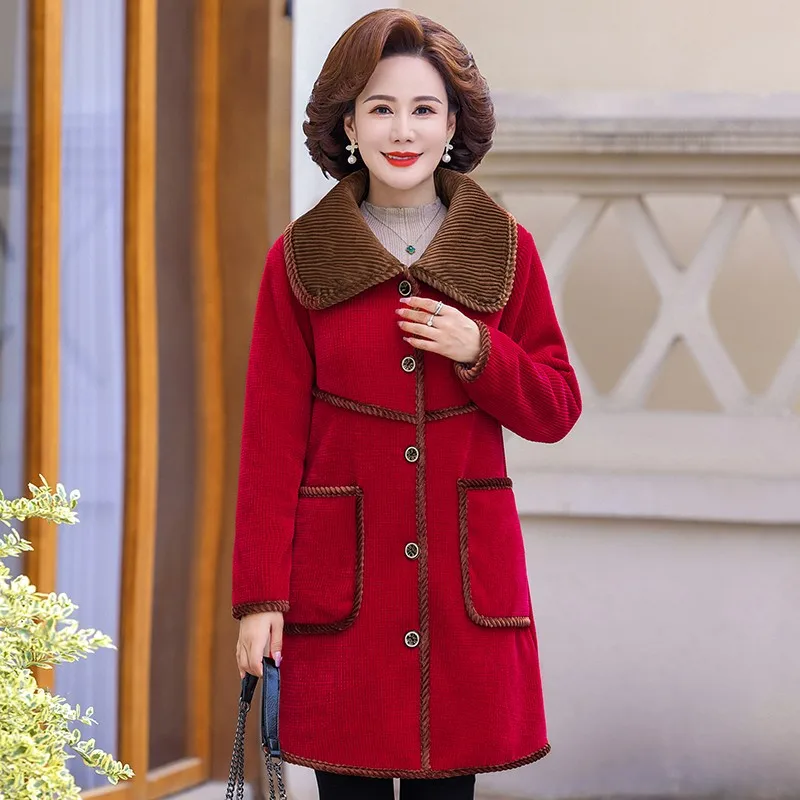 

New Winter Women's Corduroy Cotton Coat Parka Korean Lapel collar Mid Long Velvet Cotton Coat Loose Thick Cotton Outerwear