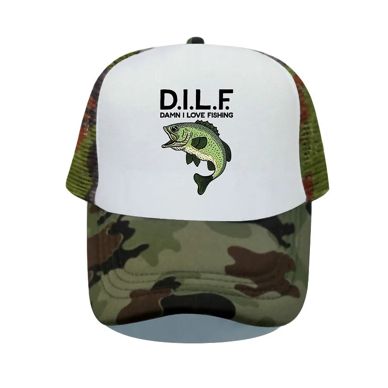 DILF Adjustable Snapback Cap Women Men Dawn I Love Fishing Printed Dad Trucker Hats Fishing Fans Camouflage Mesh Hat Cap YP032