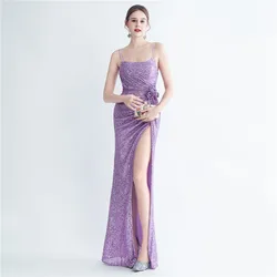 Luxury Elegant Women Long Dresses Wedding Guest Evening Special Events Sequin Split Spaghetti Straps Ankle Length Fashion 2023