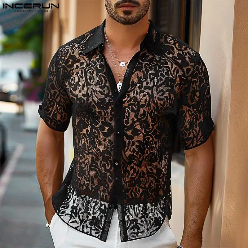 

2024 Men Shirt Lace Lapel Short Sleeve Transparent Summer Men Clothing Fitness Streetwear Fashion Party Camisas S-5XL INCERUN