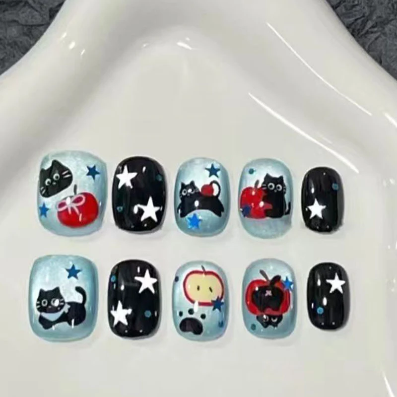 10 Stück kurze, ovale, schwarze, niedliche Katzen-Press-on-Nägel, wiederverwendbare, abnehmbare Nagel-Patches, künstliche Nägel, Nagelkunst-Aufkleber – Detail 6