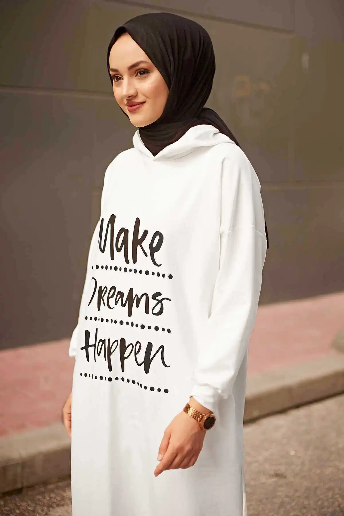 Lettering Printed Long Sports Tunic White Winter Autumn 2021 Muslim Women Hijab headscarf islamic Turkey