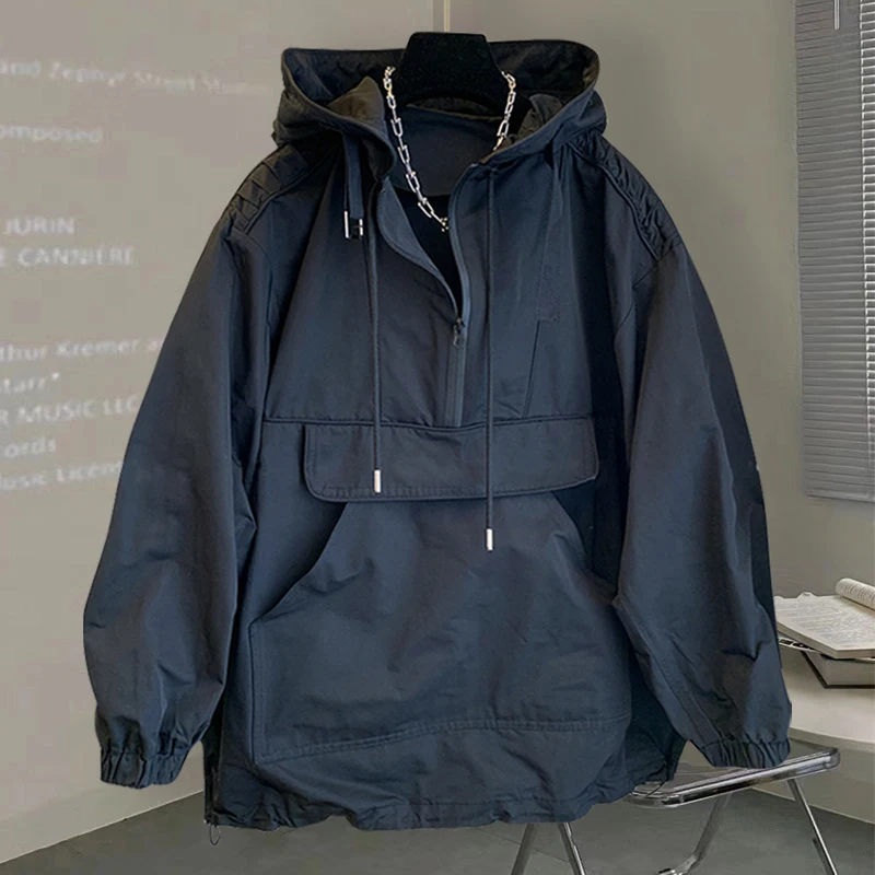 

Trendy Workwear Windbreaker Jaet ex Spring Autumn Loose Splice Design Hat Jaet Youth Faion Casual Long Sve Zipper